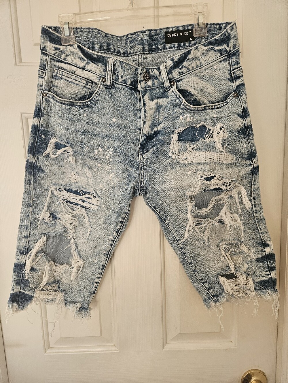 Distressed Acid Wash Denim Shorts - Blue